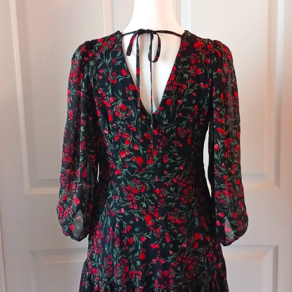 🌲🌹Calvin Klein Black & Red Floral Holiday Christmas Chiffon Dress Size 4 - Picture 7 of 13